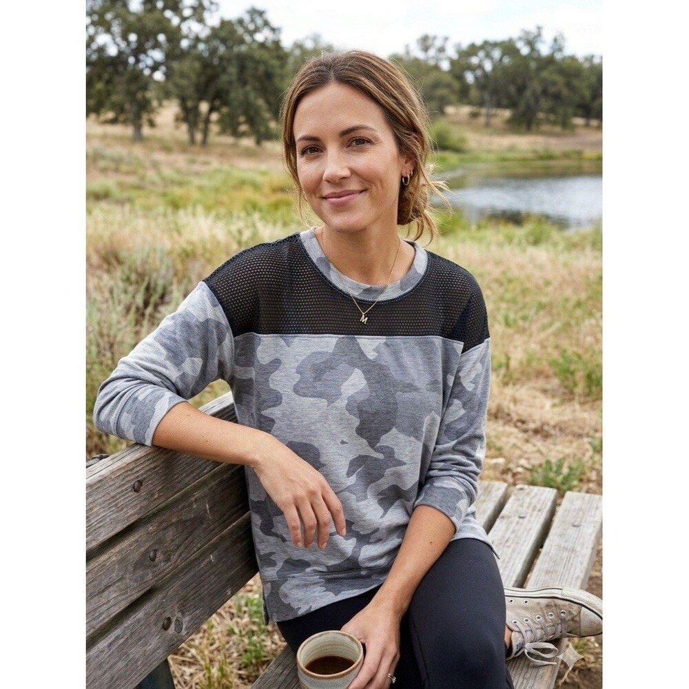 NWT Nally&Millie Gray Black Camouflage Mesh Panel Top Crew Neck Long Sleeve XS-M